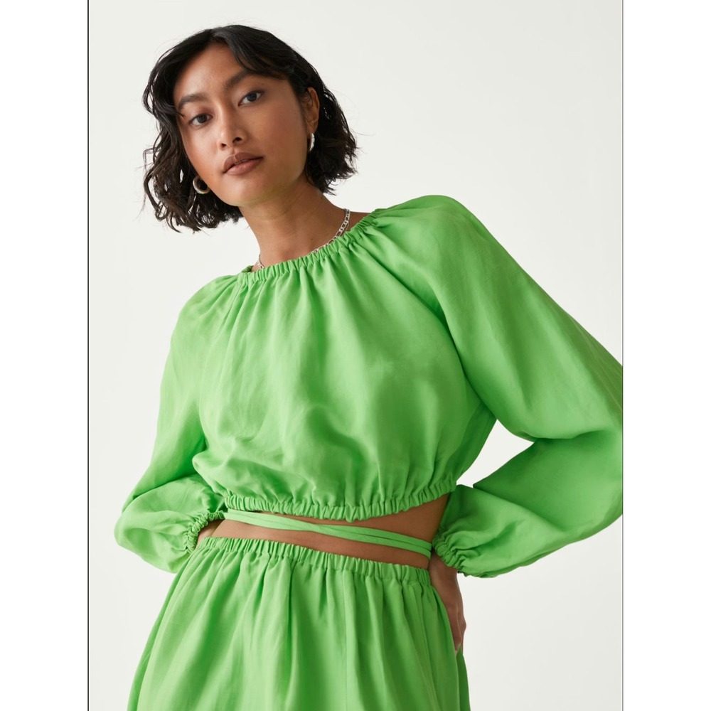 & Other Stories Voluminous Crop Top Lime Green Size Small Balloon‎ Sleeve Blouse